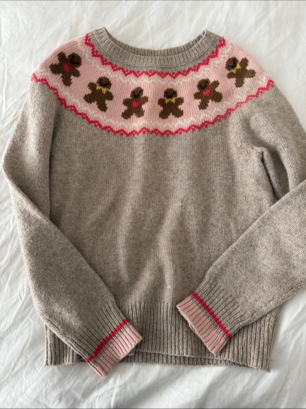 Mini Boden Taupe Crewneck Sweater with Pink Fair Isle Yoke